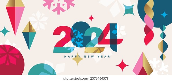 2024 Merry Christmas, Season's Greeting and Happy New Year vector illustration for greeting cards, posters, holiday cover in modern minimalist geometric style.