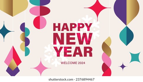 2024 Merry Christmas, Season's Greeting and Happy New Year vector illustration for greeting cards, posters, holiday cover in modern minimalist geometric style.