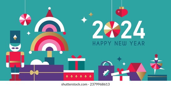 2024 Merry Christmas, Season's Greeting and Happy New Year vector illustration for greeting cards, posters, holiday cover in modern minimalist geometric style.