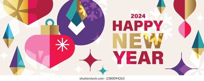 2024 Merry Christmas, Season's Greeting and Happy New Year vector illustration for greeting cards, posters, holiday cover in modern minimalist geometric style.