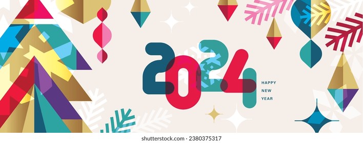2024 Merry Christmas, Season's Greeting and Happy New Year vector illustration for greeting cards, posters, holiday cover in modern minimalist geometric style.