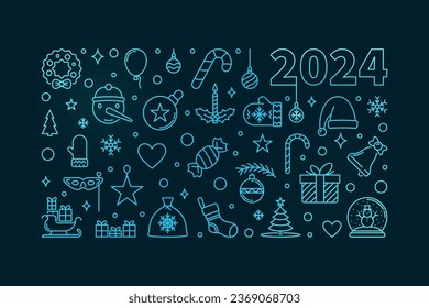 2024 Merry Xmas colored horizontal banner in thin line style - vector Happy 2024 New Year illustration with dark background