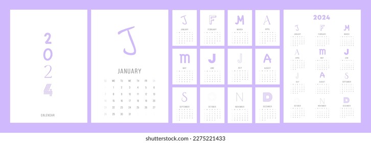 Plantilla de calendario creativo mínimo para 2024. La semana comienza el domingo. diseño tipográfico limpio, listo para imprimir el calendario 2024 con diseño de letras moderno. Plantilla de conjunto anual de vectores.	