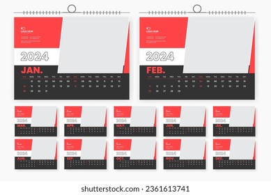 Plantilla de diseño de calendario de escritorio moderno 2024, diseño de calendario de tablas