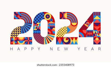 2024 modern geometric lettering New Year card. Memphis style typeface. Minimal shape design calendar header. Bauhaus square element. Grid based letters. Contemporary trendy flat vector illustration.