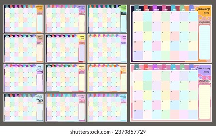 2024 monthly calendar planner, January to December with Monday Start, colorful design template vector