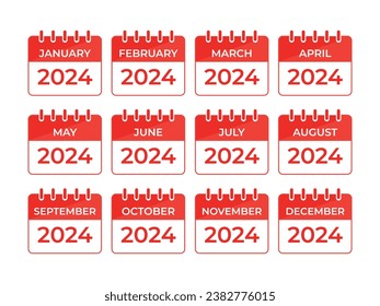 2024 Monthly Calendar Vector Set, Red Tear-Off Style