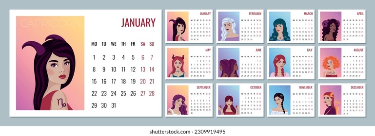 2024 monthly Zodiac calendar with the astrological sign as beautiful girls. The week starts Monday. 12 months of the year.