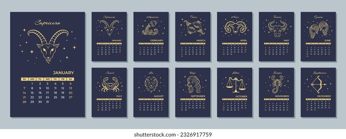 2024 monthly Zodiac calendar with the astrological sign. The week starts Sunday. 12 months of the year.