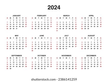 2024 Montly Calendar start from sunday