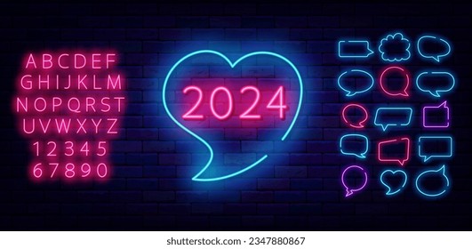 2024 neon label with heart shape. Happy new Year on brick wall. Think cloud frames collection. Simple shape. Shiny pink alphabet. December party invitation. Editable stroke. Vector stock illustration