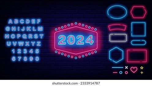 2024 neon label on brick wall. Vintage frame with circles. Simple shape. Shiny blue alphabet. Geometric borders collection. December party invitation. Editable stroke. Vector stock illustration