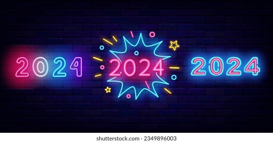 2024 neon labels collection. Happy New Year banners on brick wall. Comics explosion frame. Glowing signboard. December party invitation. Editing text. Vector stock illustration