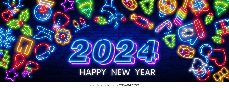 2024 neon labels collection. Happy New Year banners on brick wall. Comics explosion frame.