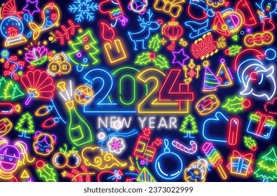 2024 neon labels collection. Happy New Year banners on brick wall. Comics explosion frame. Glowing signboard.