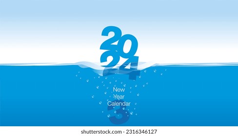 2024 New Desk Calendar Cover planner template wave water blue background. New Year 2024 start concept. Calendar number chagned and the new year begins