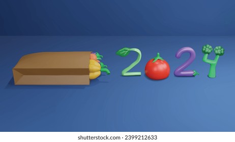 2024 new year 3d design with healthy vegetable style. Hopefully in 2024 you will be healthier and eat lots of vegetables.