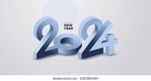 Año nuevo 2024 con número 3D. Feliz año nuevo 2024 con color de lujo azul 3D