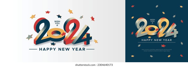 2024 new year with 3D number and stars design concept. Happy new year 2024 celebration template