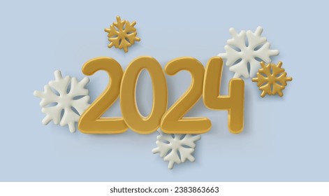 2024 3D-Zahlen und Schneeflocken zum Neujahr. Winterurlaub festliches Bannerdesign mit dreidimensionalen, realistischen weißen und goldenen Elementen auf hellblauem Hintergrund. Vektorgrafik.