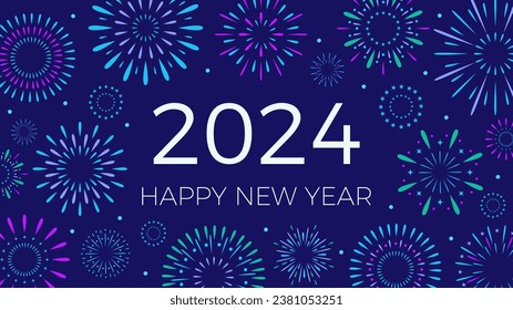 2024 New Year abstract card with fireworks on blue background