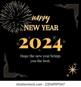 2024 New Year Abstract golden fireworks and golden gradient numbers on dark background. It can used for Design Poster
