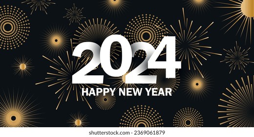 2024 New Year Abstract golden fireworks and white numbers on black background