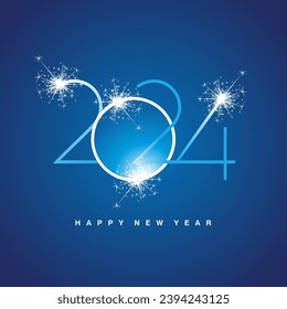 2024 New Year abstract shining light numbers typography logo white sparkler firework on blue background