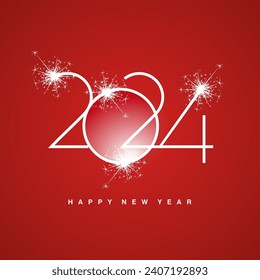 2024 New Year abstract shining light numbers typography logo white sparkler firework on red background
