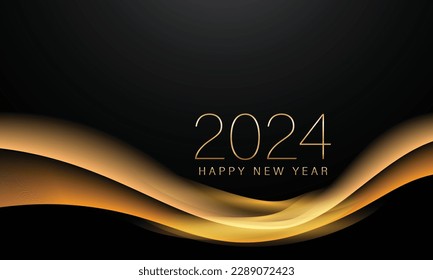 2024 New year with Abstract shiny color gold wave design element and glitter effect on dark background. For Calendar, poster design