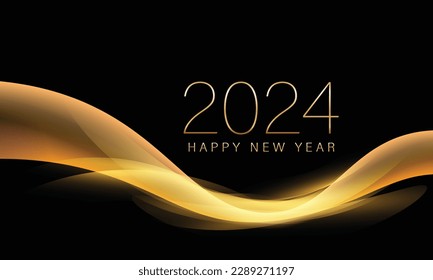 2024 New year with Abstract shiny color gold wave design element on dark background. For Calendar, poster design