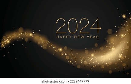 2024 New year with Abstract shiny color gold wave design element and glitter effect on dark background. For Calendar, poster design