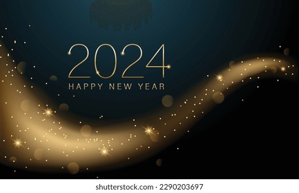 2024 New year with Abstract shiny color gold wave design element and glitter effect on dark background. For Calendar, poster design