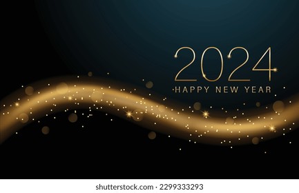 2024 New year with Abstract shiny color gold wave design element and glitter effect on dark background. For Calendar, poster design