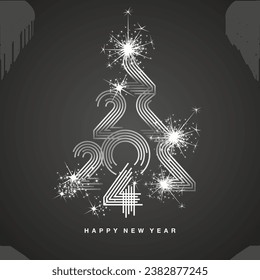 2024 New Year abstract silver Christmas tree made by multiply line design 2024 year numbers shining sparkle firework black background greeting card