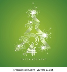 2024 New Year abstract white green Christmas tree made by multiply line design 2024 year numbers shining sparkle firework lucky green background greeting card