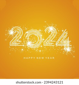 2024 New Year abstract white orange yellow multiply line design of 2024 year numbers shining glitter sparkle firework orange background greeting card