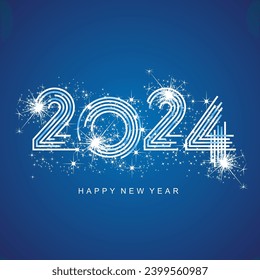 2024 New Year abstract white light blue multiply line design of 2024 year numbers shining glitter sparkle firework blue background greeting card