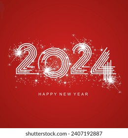 2024 New Year abstract white red multiply line design of 2024 year numbers shining glitter sparkle firework red background greeting card