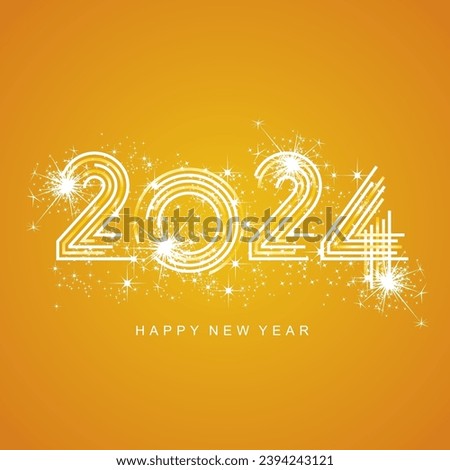2024 New Year abstract white orange yellow multiply line design of 2024 year numbers shining glitter sparkle firework orange background greeting card