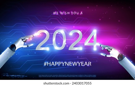 2024 new year AI finger touching and pointing on a virtual screen 2024. 2024 New year Science and artificial intelligence technology, innovation and futuristic, AI, Machine. Technology Vector EPS10.