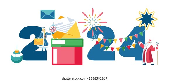 2024 New Year, background, calendar, gifts. People Santa Claus and Snow Maiden are preparing for the holiday. Modern cartoon flat design concept for flyer, mobile app page, magazine, poster. Vector