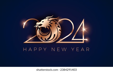 2024 New Year background. Chinese New Year celebration, dragon New Year 2024 - vector illustration gold and blue