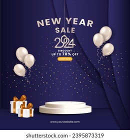 2024 nuevo año de antecedentes con pantalla de podio y decoración realista para promoción de negocios o productos