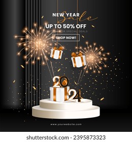 2024 new year background with podium display and realistic decoration for business or product promotion