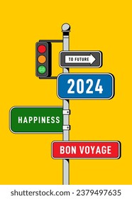 2024 new year background with travel signpost modern vintage retro style. Design element template can be used for wallpaper, backdrop, brochure, print, greeting card, vector illustration