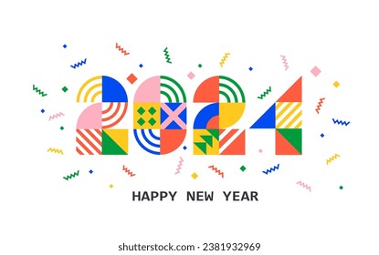 2024 New Year banner with numbers from simple geometric shapes and figures inside confetti. Template for greeting card, invitation, poster, flyer, web.Vector illustration isolated on white background.