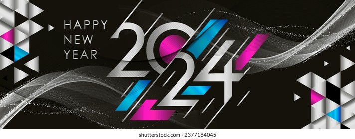 2024 new year banner with silver black background. happy new year greeting card cover with shiny, silver color waves lines. Premium Elite royal elegant 2024 design pink blue. Cyberpunk Vector 