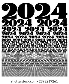 2024 new year black and white card composed of big amount of decreased words. Booklet with microtext for wallpaper usage. Vector illustration.