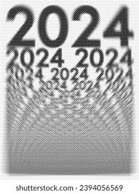 El año nuevo 2024 desdibujó la mitad del tono. Hecho en un estilo vintage de periódicos y artículos. Círculos negros sobre fondo blanco. Ilustración vectorial.
